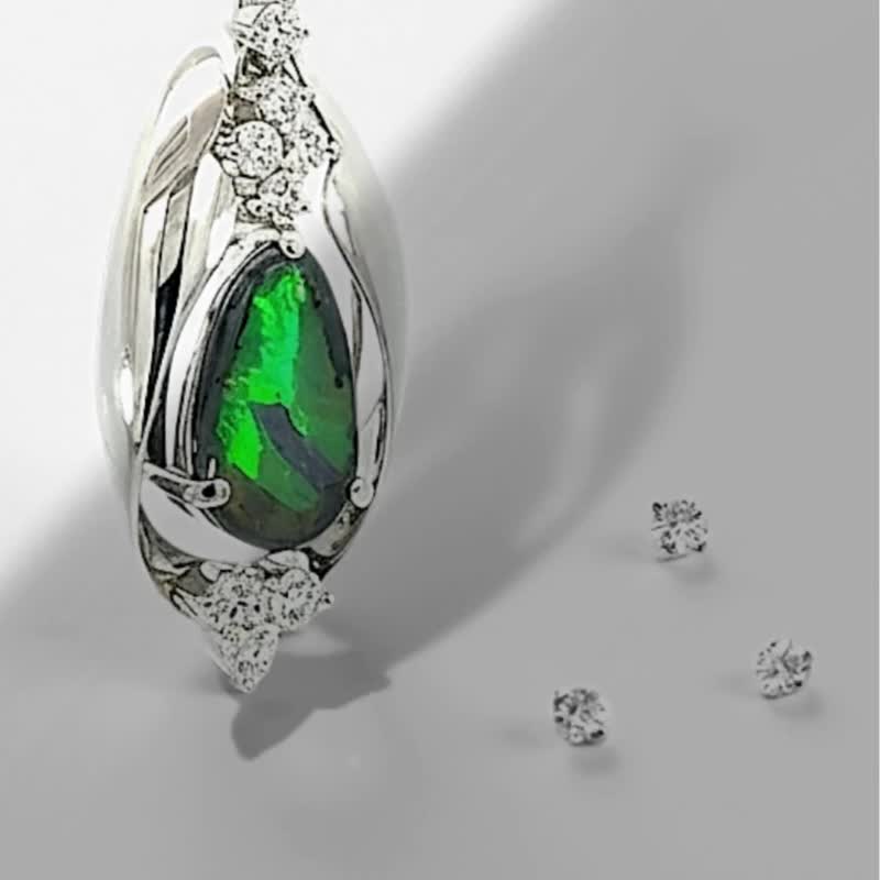 頂級鉑金 天然澳洲黑蛋白石鍊墜 Black Opal Diamond Necklace - 項鍊 - 貴金屬 