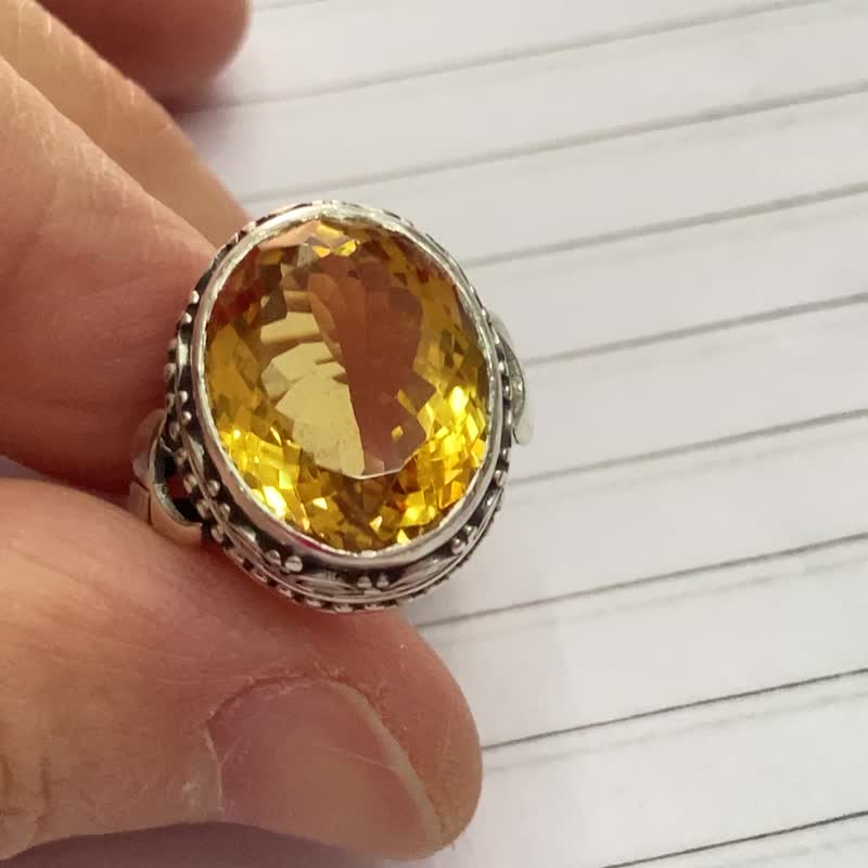 天然 黃水晶 戒指 尼泊爾 手工製 925純銀 - 戒指 - 水晶 黃色