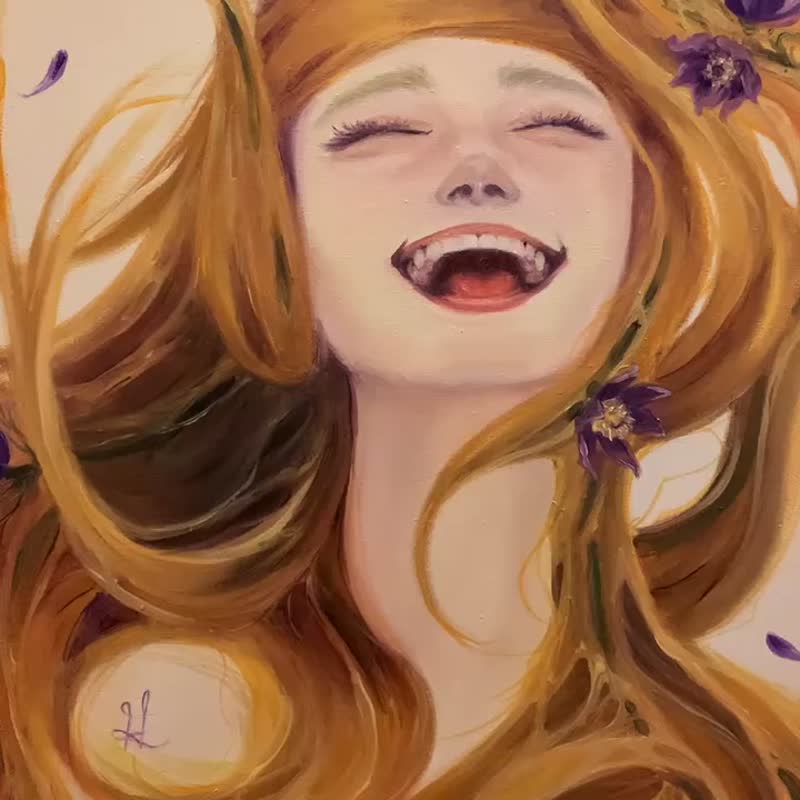 オリジナル絵画 キャンバスに油彩 女性の肖像画 幸せな女の子の