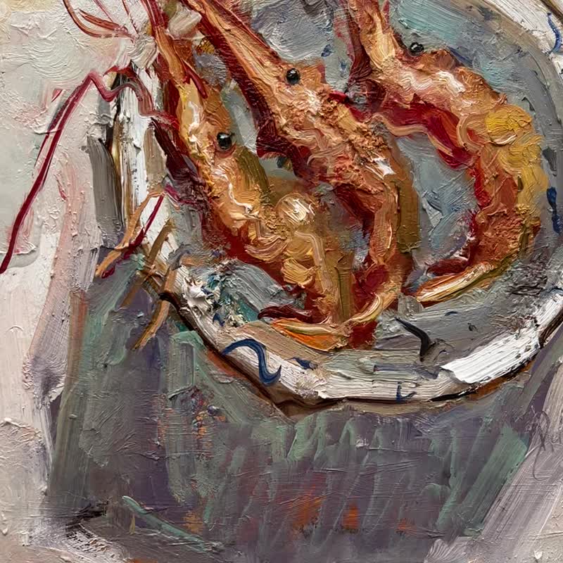 Shrimp Painting Shrimp Original Art Impasto Painting Semi Abstract Shrimp Prawn - Wall Décor - Cotton & Hemp Orange