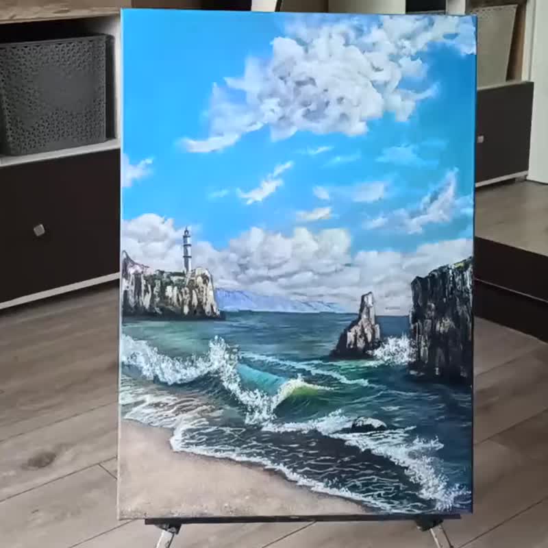 Seascape Original Painting Oil on Canvas 70x50cm Lighthouse Seaside Artwork - 海報/掛畫/掛布 - 其他材質 多色
