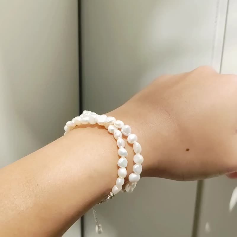 SV925/14KGF LETO Small Baroque Pearl Double Bracelet, Ankle, Freshwater Pearl - สร้อยข้อมือ - ไข่มุก ขาว