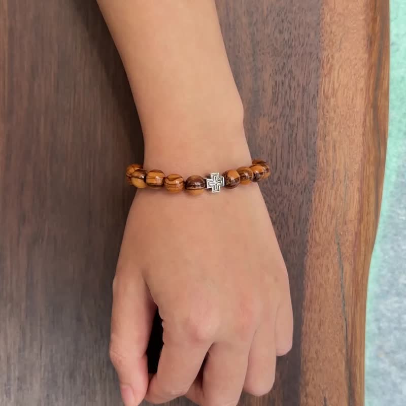 Bracelet imported 8mm olive wood beads with visual embedded double cross - สร้อยข้อมือ - ไม้ หลากหลายสี