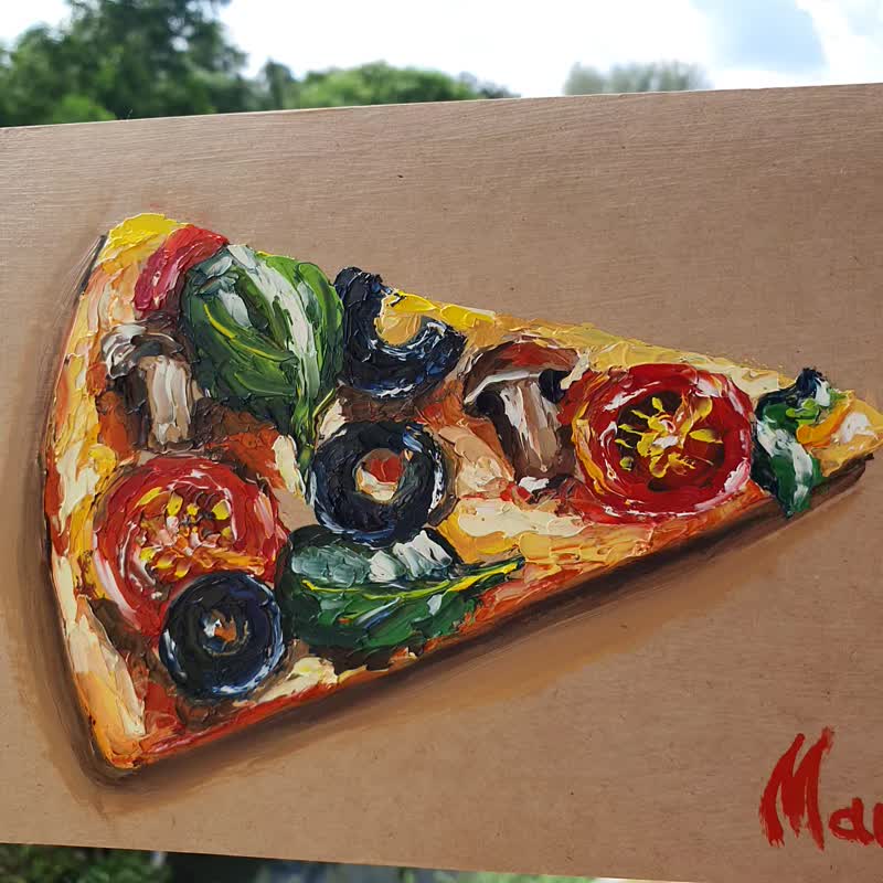 Pizza Painting Italian Cuisine Original Art Olives Mushrooms Pizza Capricciosa - 海報/掛畫/掛布 - 其他材質 多色