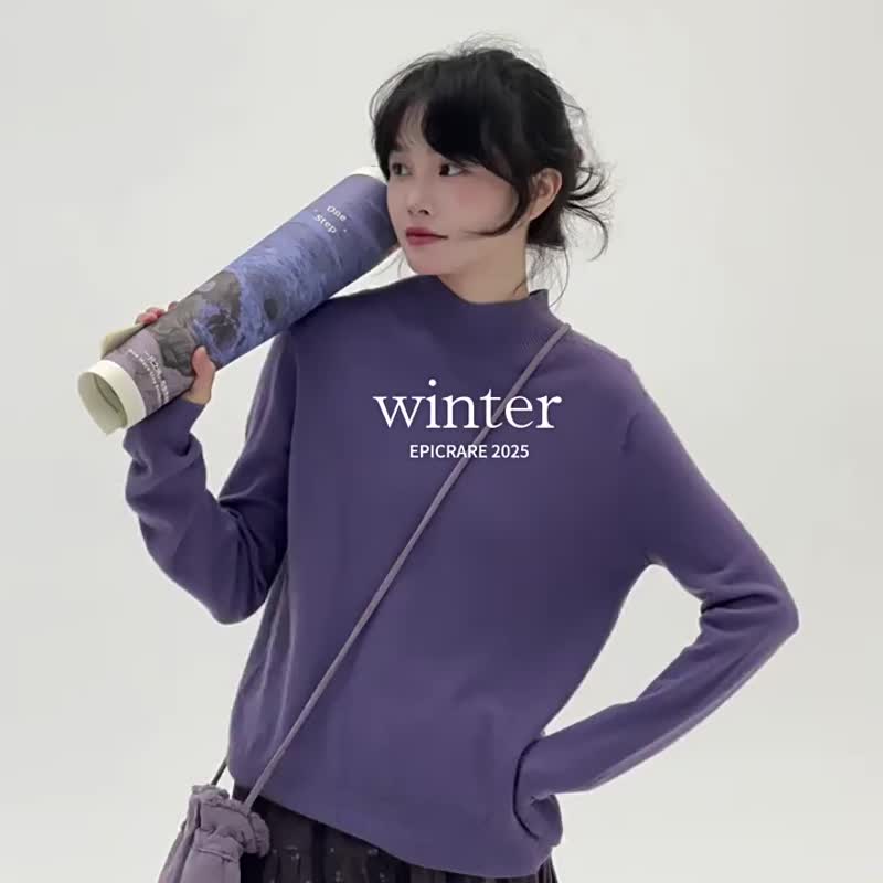 3色 秋川 半高領針織毛衣 復古文藝舒適簡約百搭休閒上衣 - 女毛衣/針織衫 - 其他人造纖維 紫色