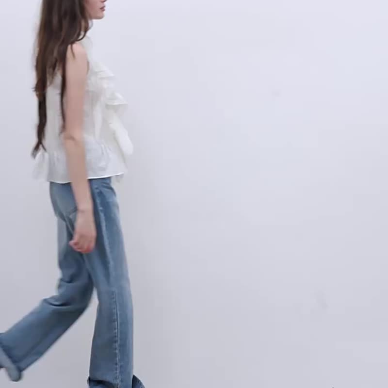 珍珠白 法式復古立體泡泡襯衫 皺荷葉花邊馬甲背心 - 女襯衫 - 棉．麻 白色