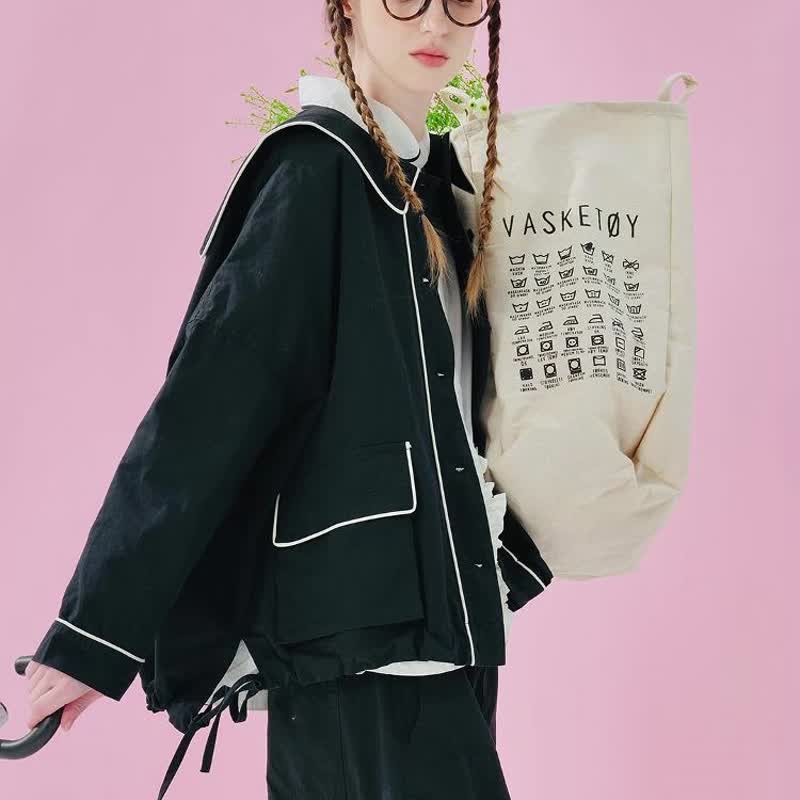 黑色海軍領純棉外套 / 襯衫 - 女襯衫 - 棉．麻 黑色