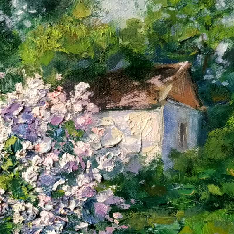 Lilac Painting Landscape House Trees Summer Nature Original Artwork - 插畫/繪畫/寫字 - 其他材質 