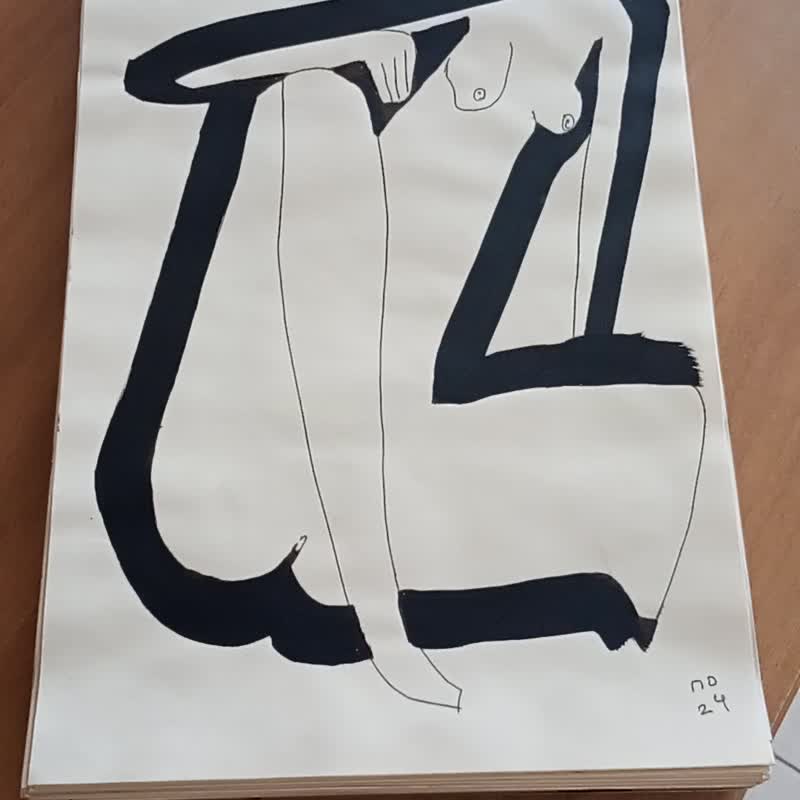 Sitting with knee nude on ink drawing modern style,knee fetish art drawing - Posters - Paper White