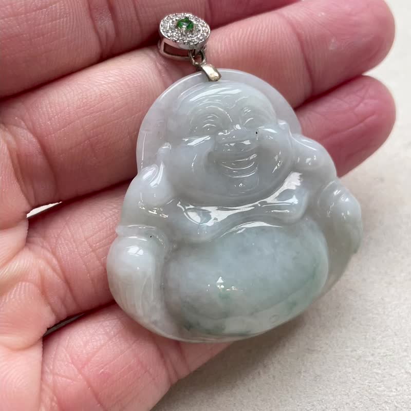 冰糯飄藍花翡翠彌勒佛項鍊 925純銀 | 天然緬甸玉翡翠A貨 - 項鍊 - 玉石 綠色