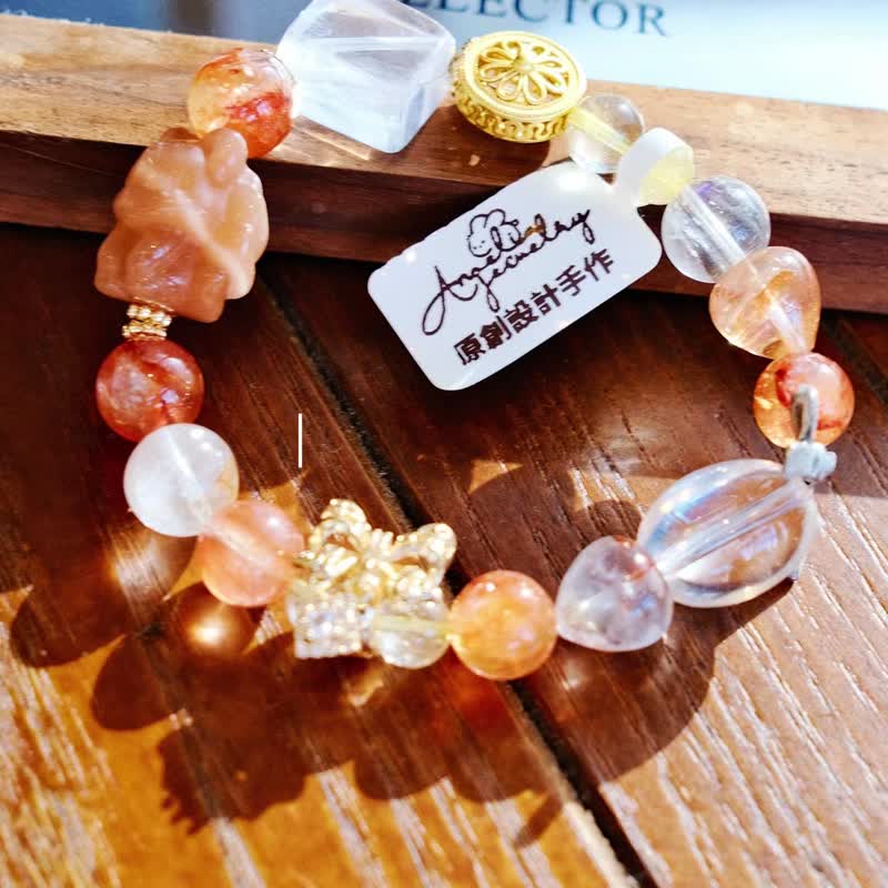 夢蝶丨ダイヤモンド細工の蝶、レインボーホワイトクォーツ、レッドヘマトイドクォーツ、フェニックスレイキエネルギー丨ミヤオリジナル - ブレスレット - クリスタル レッド