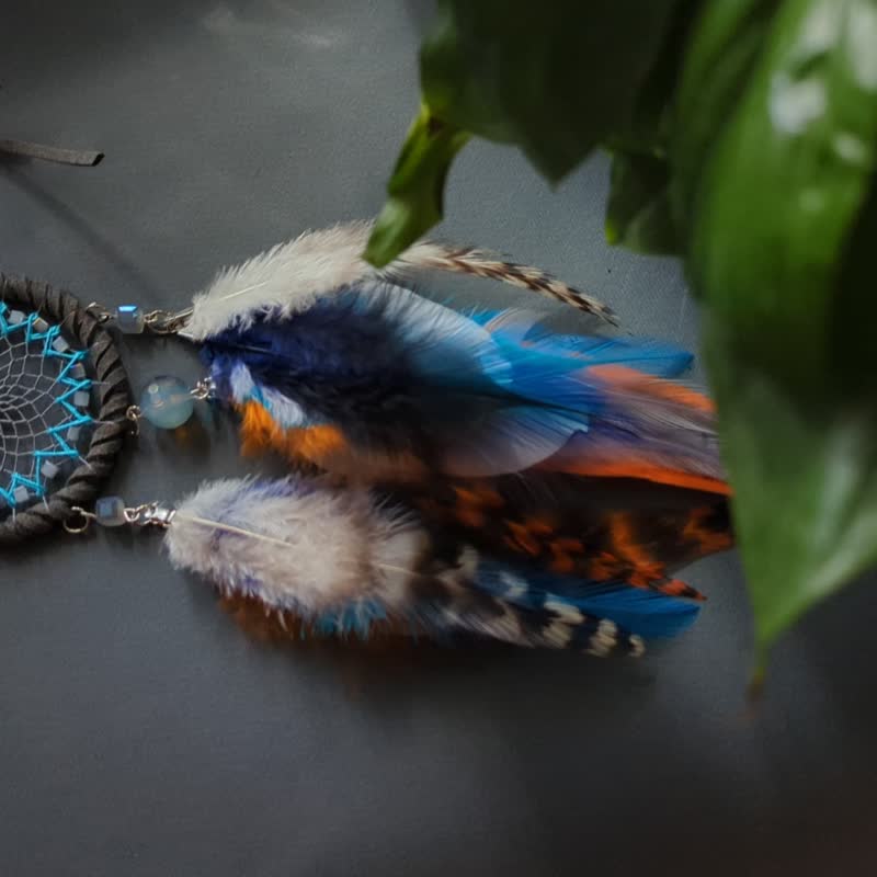 Handmade Gray Orange and Blue  Dream Catcher | นักล่าฝัน - ตกแต่งผนัง - งานปัก สีเทา