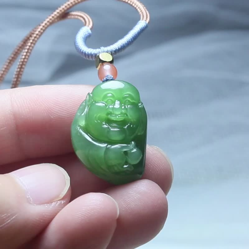 [Maitreya Buddha] Natural Jasper Pendant/Big Belly Buddha Necklace/Smiling Mouth Ever Open Jade Pendant/Handmade - สร้อยคอ - หยก สีเขียว