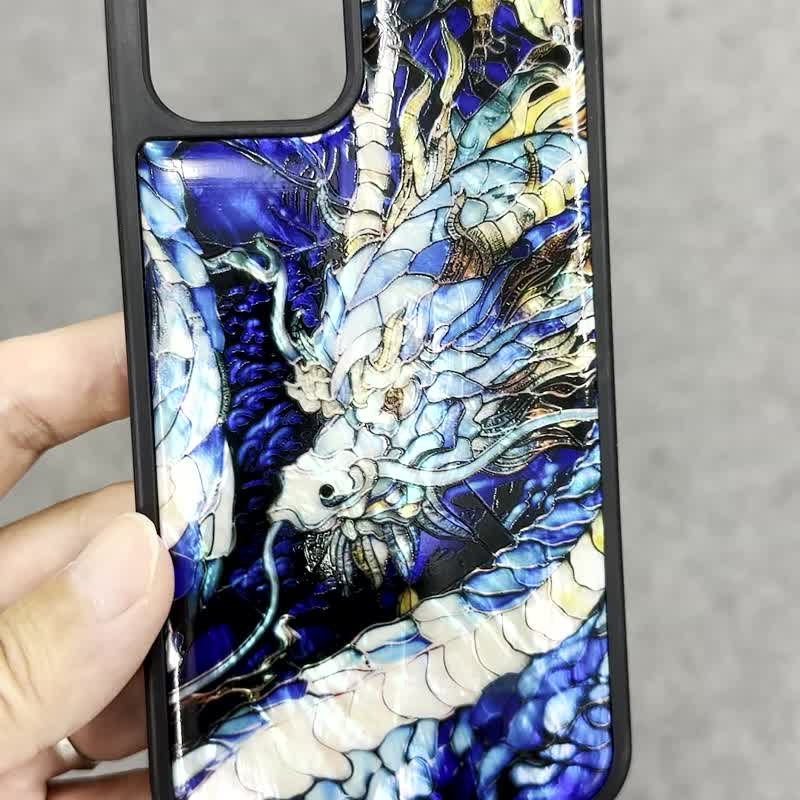 Dragon natural shell iPhone 16 impact resistant protective case stained glass can be customized with name 053 - เคส/ซองมือถือ - เปลือกหอย สีน้ำเงิน