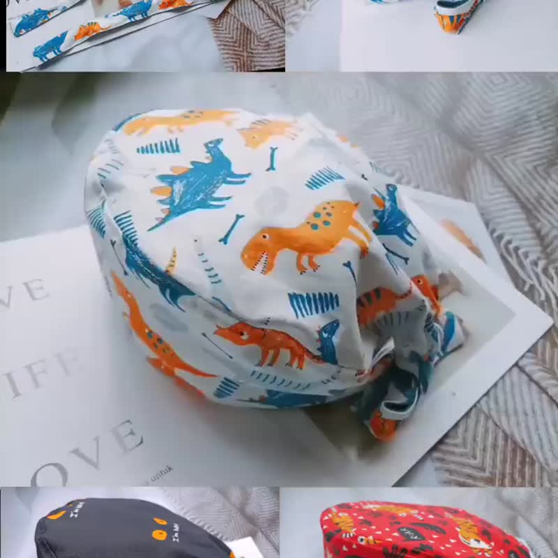 Tsu Handmade Dinosaur Print Cloth/Surgical Cap/Elastic Design - หมวก - ผ้าฝ้าย/ผ้าลินิน 