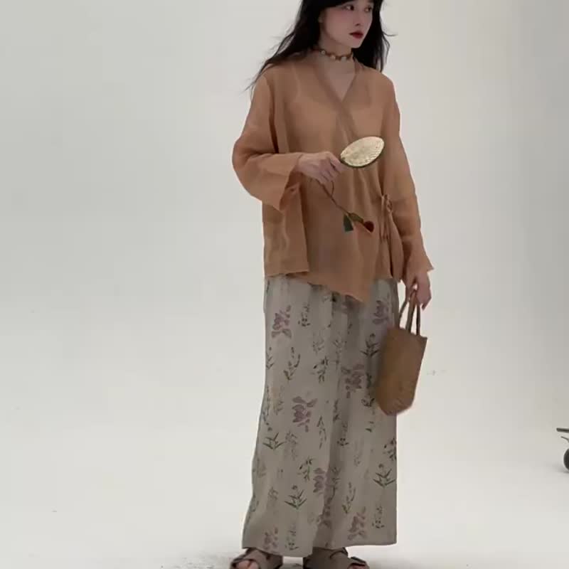 米色係 亞麻開叉植物半身裙子 復古小清新寬鬆休閒中長裙 - 裙子/長裙 - 棉．麻 卡其色