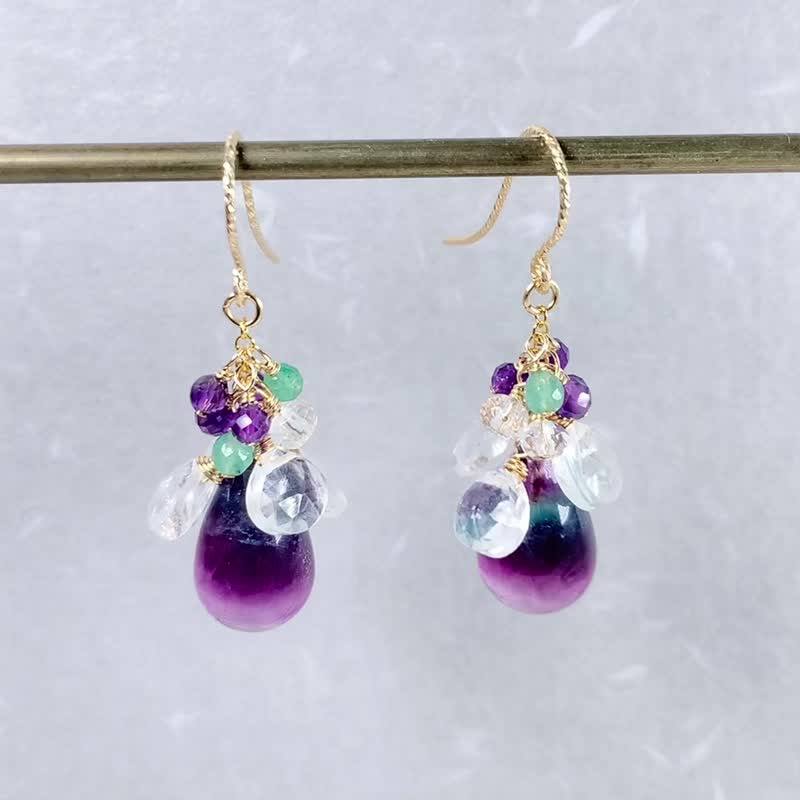 Fluorite Cluster Dangle Earrings | 14K Gold Filled | Gemstone - Earrings & Clip-ons - Gemstone Purple