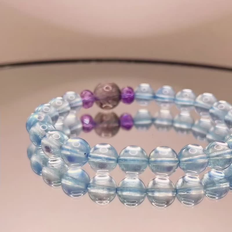 Anita's handmade ~ translucent sea sapphire round beads & black hair wafer beads & amethyst faceted abacus beads bracelet - สร้อยข้อมือ - คริสตัล 