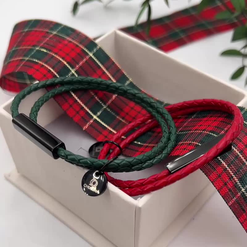 【Customizable】Double Wrap Genuine Leather Woven Bracelet_Black Hardware (9 Colors) / Engravable - Bracelets - Genuine Leather Black