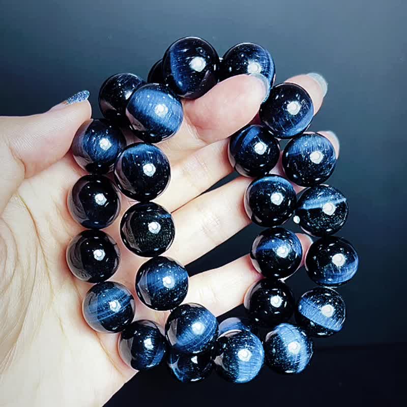 Collectible top grade black body blue tiger eye stone hand beads bracelet super strong blue wave 14MM+ bracelet bracelet - สร้อยข้อมือ - เครื่องประดับพลอย หลากหลายสี