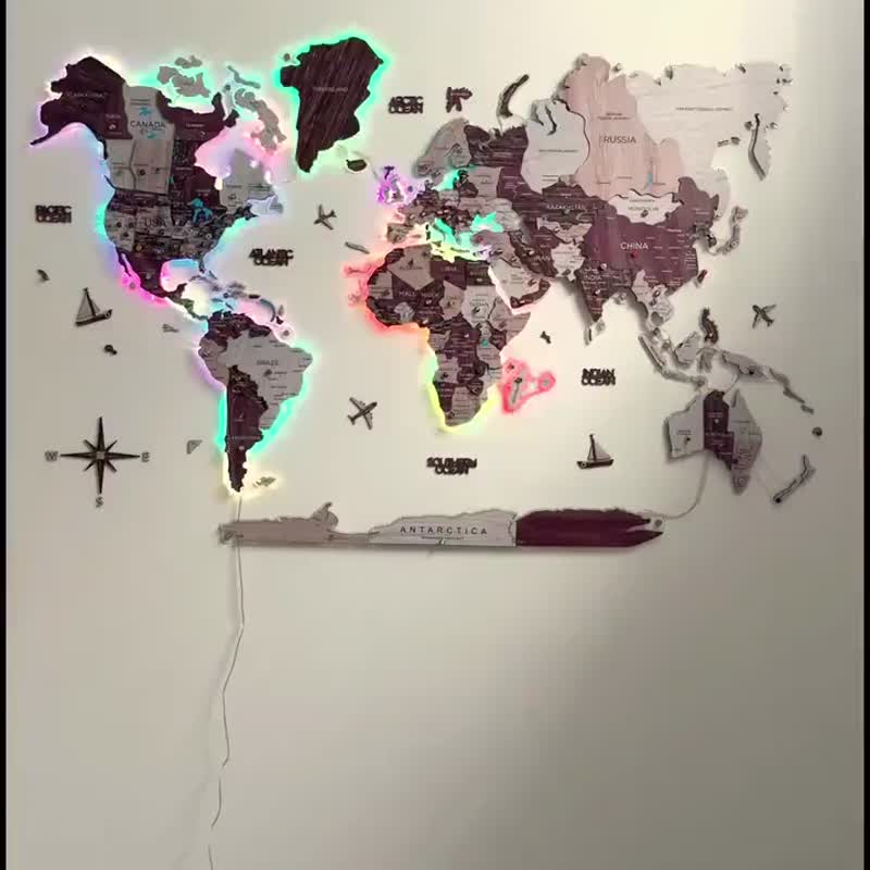 3D 世界地圖帶 LED 背光現代牆面裝飾 3D 牆面藝術 喬遷禮物 - 壁貼/牆壁裝飾 - 木頭 多色