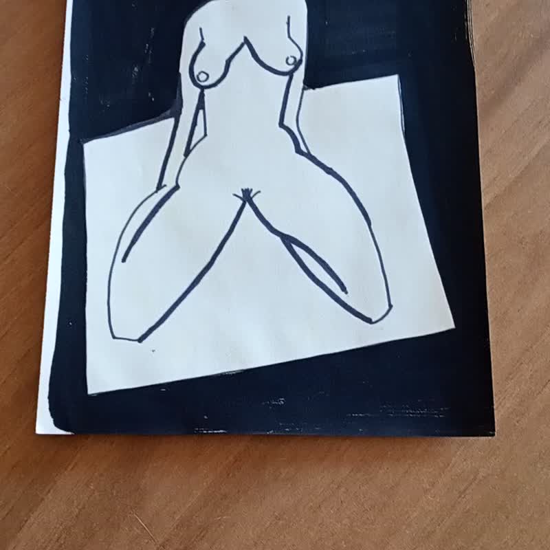 表彰台で膝をついて裸でいるモダンなスタイルの描画、白黒アートの描画 - ポスター・絵 - 紙 ホワイト