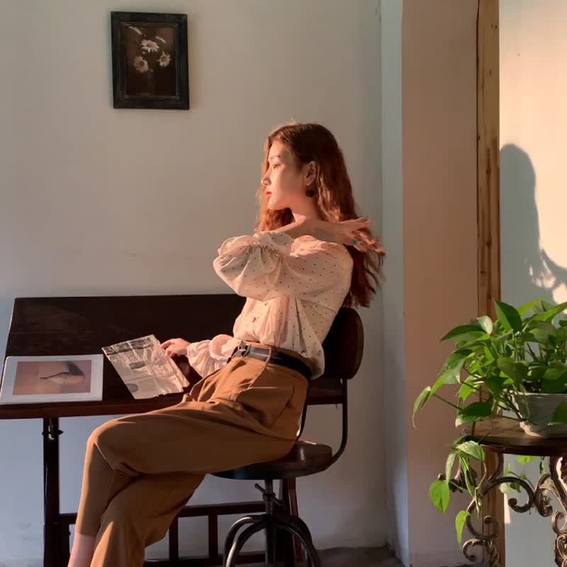 復古咖色高腰垂感顯瘦 休閒西裝褲哈倫褲長褲秋裝 - 女長褲 - 聚酯纖維 咖啡色