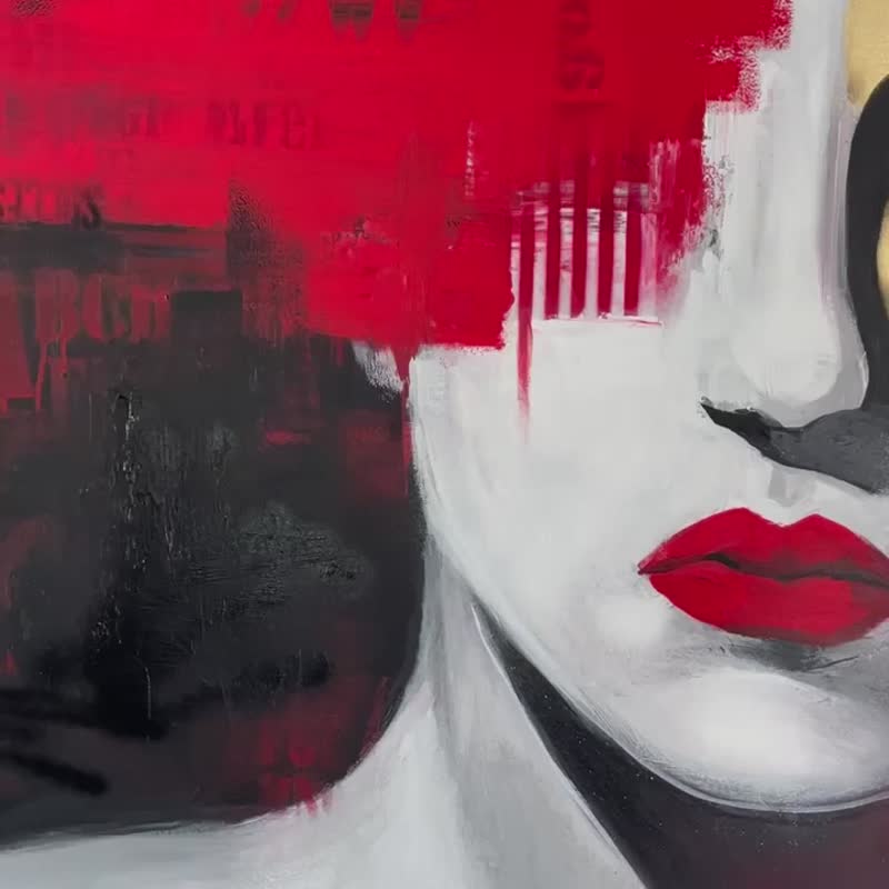 Abstract Female Acrylic Painting Red Lips Wall Art Original Black and White Art - 壁貼/牆壁裝飾 - 壓克力 灰色