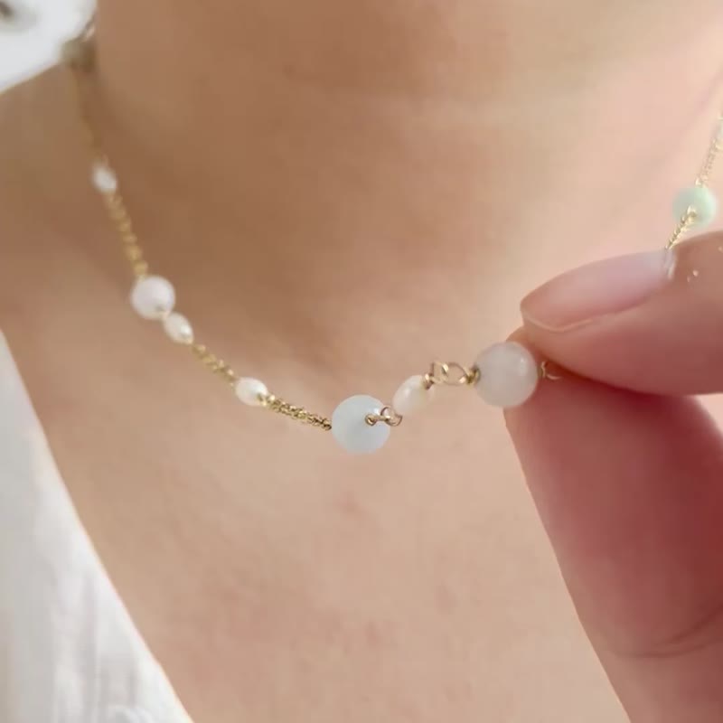 morganite and pearl necklace with 14KGF chain - สร้อยคอ - ไข่มุก 