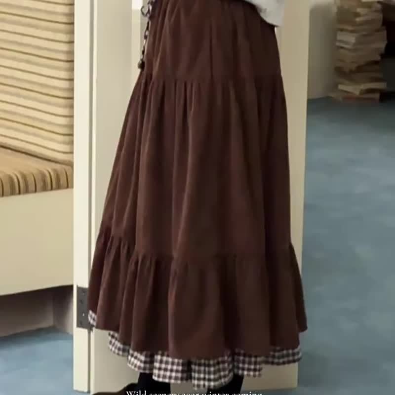 暖緒格調 法式啞光絨面燈芯絨長裙 格紋拼接半身裙 百搭傘裙 - 裙子/長裙 - 其他人造纖維 咖啡色