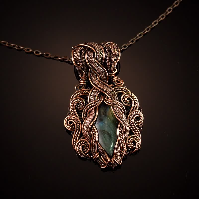 Labradorite pendant for women Wire wrap copper necklace Handmade artisan jewelry - Necklaces - Gemstone Multicolor