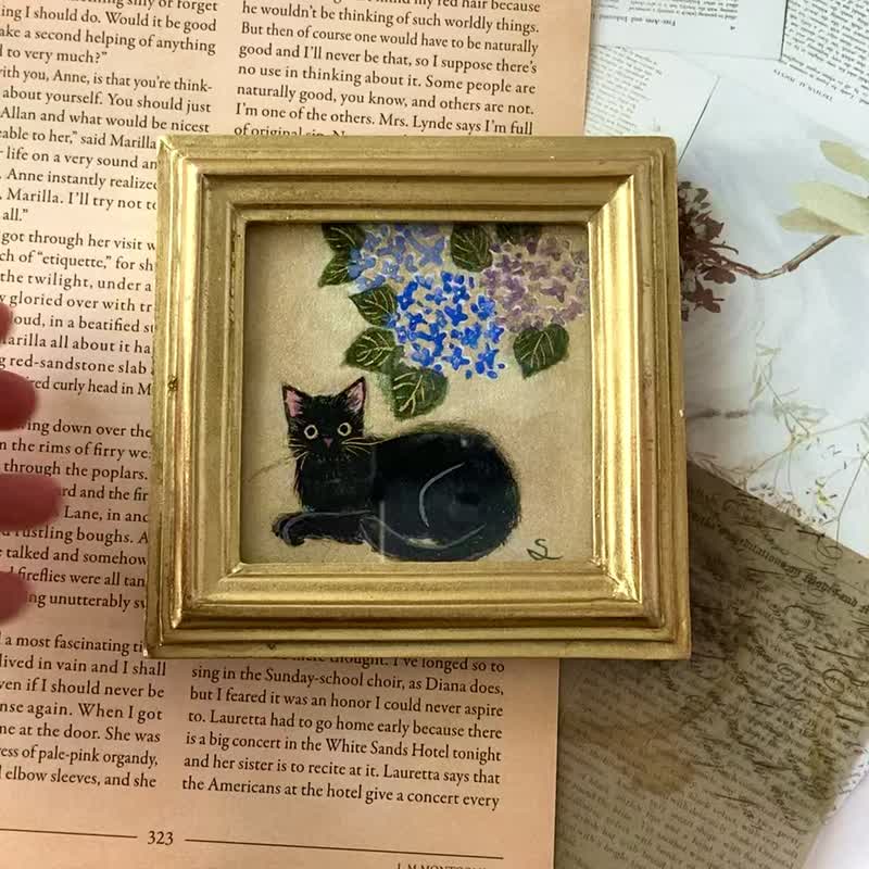 黒猫と紫陽花-A 　　　　　　/　繡球花　　繪畫　仿古風格　古董　室内装饰 - 海報/掛畫/掛布 - 紙 金色