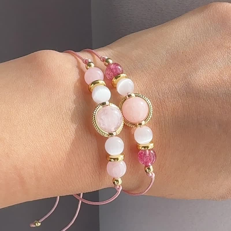 Rose Quartz Strawberry Quartz Stone Orange Moonstone Cat's Eye Bracelet Bracelet Best Friend and Sister Gift - Bracelets - Crystal Pink