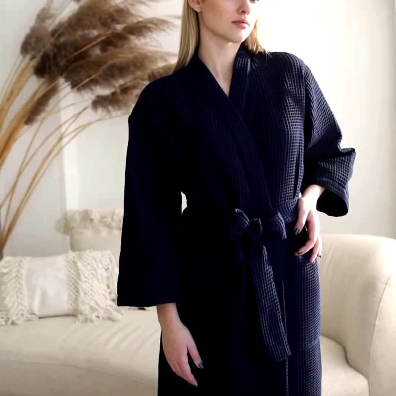 男士棉質華夫格長袍 終極婚禮晨衣 男女皆宜 NK07 - 睡衣/居家服 - 棉．麻 藍色