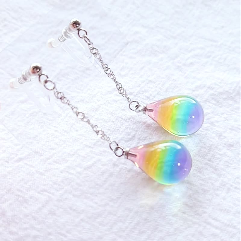 Rainbow Raindrop Dangling Earrings / Clip-on - Earrings & Clip-ons - Resin Multicolor