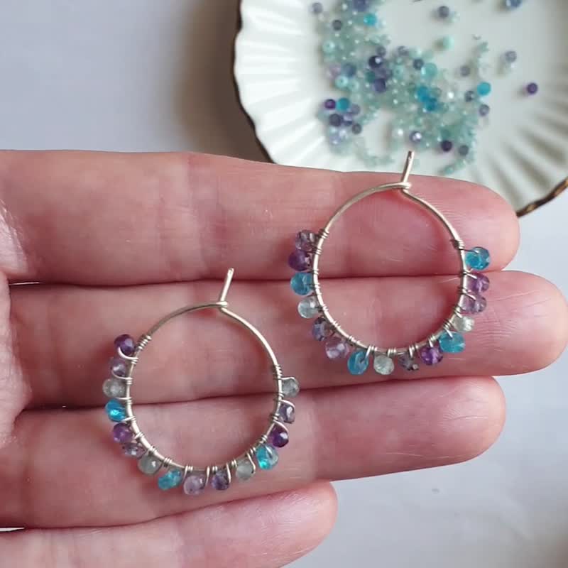 Crystal Hoop Earrings, 925 Silver, Aquamarine, Amethyst, Iolite, Apatite - 耳環/耳夾/耳骨夾 - 寶石 多色