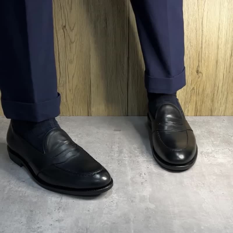 หนังแท้ รองเท้าบูธผู้ชาย สีดำ - Handmade Goodyear Welt Penny Loafer Bespoke Customize