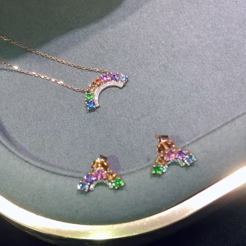 獨角獸彩虹花園彩色藍寶石沙弗萊石榴石鑽石18k金寶石項鍊耳環 - 耳環/耳夾/耳骨夾 - 寶石 多色
