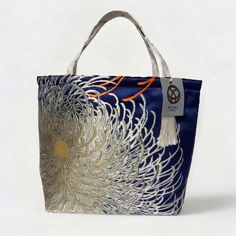 獨一無二真絲和服袋帶托特包, 日本手工刺繡升級改造包, 和風藝術 - 手提包/手提袋 - 絲．絹 藍色