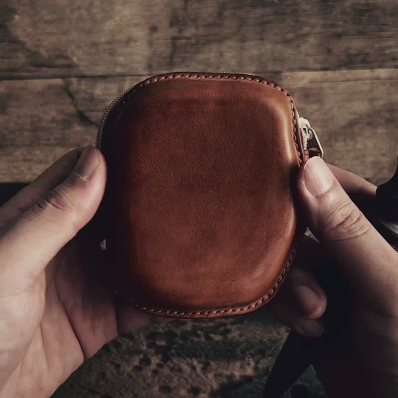 S.Leather stone bag retro card holder vegetable tanned first layer cowhide coin purse card holder coin key accessories - กระเป๋าสตางค์ - หนังแท้ 