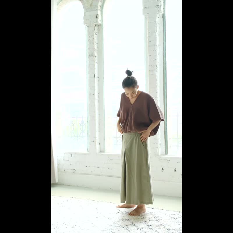 OMAKE 側拉鍊八分寬褲裙 / 菱紋布 灰藍 - 女長褲 - 棉．麻 藍色