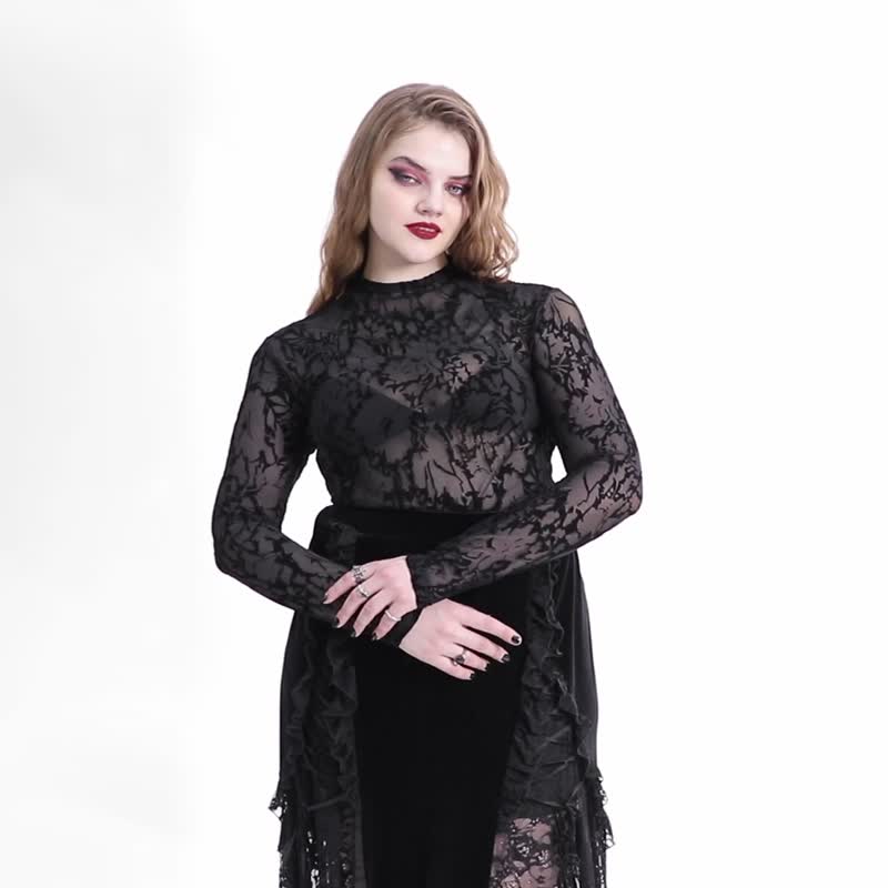 Gothic taboo printed see-through mesh top/couple style/only XS-2XL - เสื้อยืดผู้หญิง - วัสดุอื่นๆ สีดำ