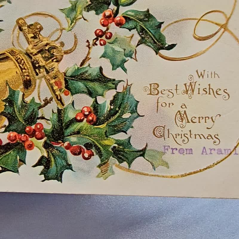 1906 エンボス加工ゴールドクリスマス ベル ヒイラギ