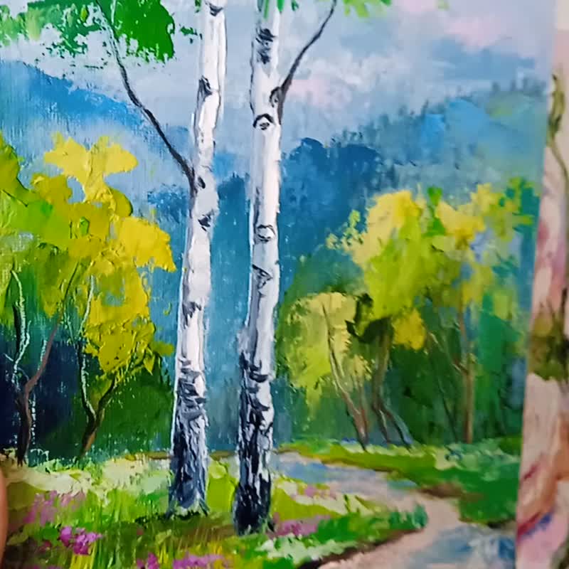 白樺の木の絵オリジナルアート風景油絵7.8*11.8インチ