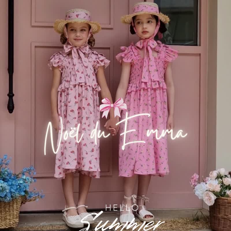 Rose Bow Smoked Dress - Vivid Pink - 男/女童禮服 - 其他材質 
