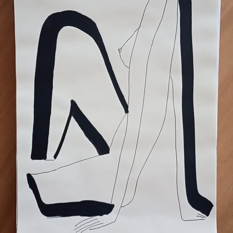 Sitting woman nude drawing modern style, black white art drawing, knee fetishart - โปสเตอร์ - กระดาษ ขาว