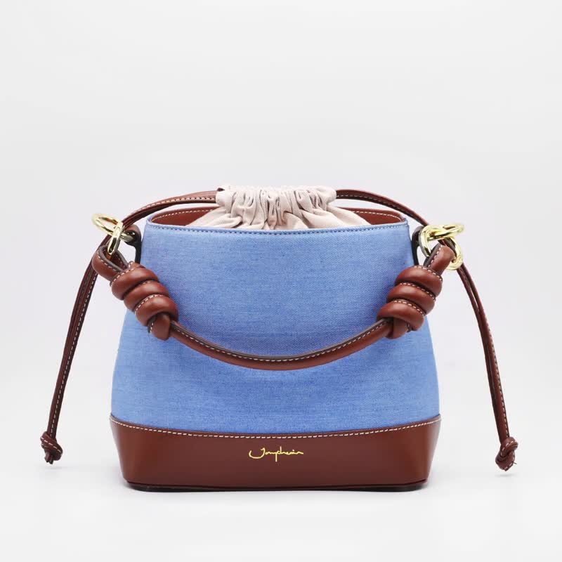 牛仔包 Fuji Bucket Bag 真皮斜背水桶包 / Denim Jeans Espresso - 束口袋/束口背包/水桶包 - 棉．麻 藍色