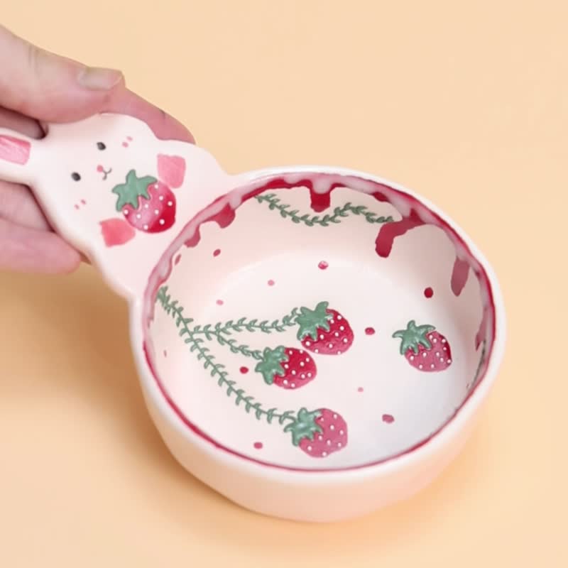 Strawberry Bunny Sauce Dish Coffee Scoop Handmade Ceramic Cute Bunny Mini Bowl - 碗 - 陶 粉紅色