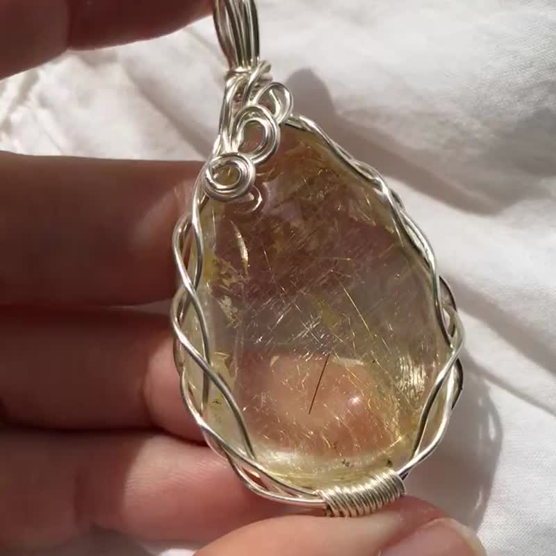 巴西 金髪晶水晶吊墜 黃膠花共生 項鍊 原石 水晶 擺設 pendant j - 項鍊 - 水晶 金色