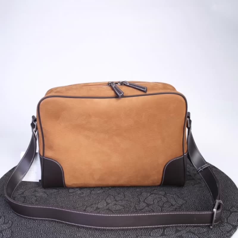 New Nubuck antler color with ebony Brown top layer imported cowhide side backpack - Messenger Bags & Sling Bags - Genuine Leather Brown